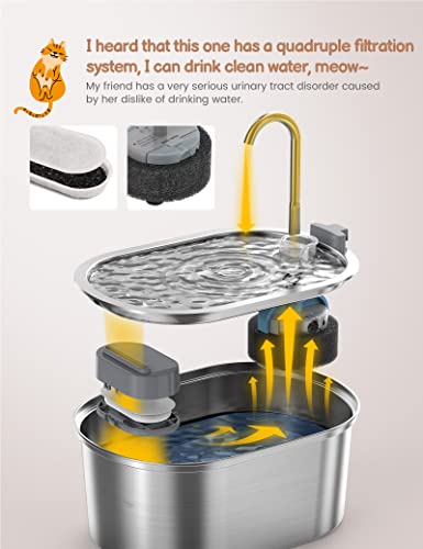Stainless Steel Cat Water Fountain: 108oz/3,2L, Quiet Pump
