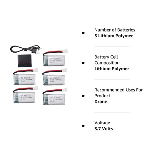 5 Li Batteries + Charger for Quadcopter Drones