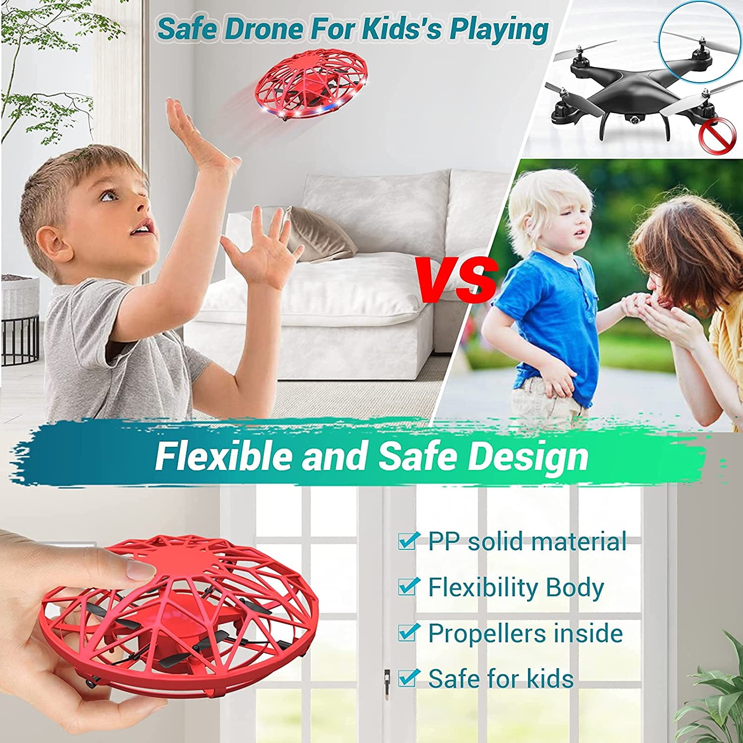 Hand-Operated LED UFO Drone for Kids - Red
