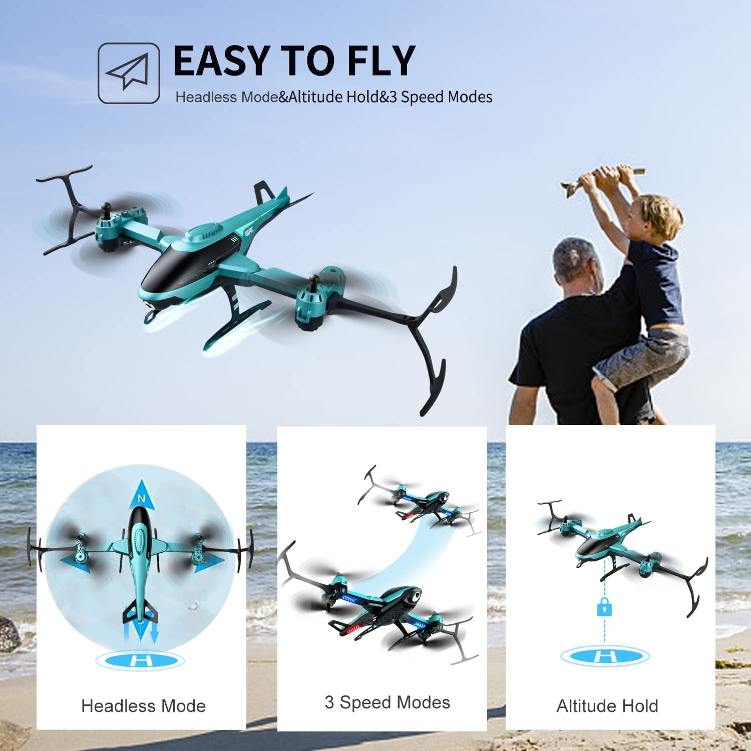 4DRC Blue Foldable HD Camera Drone with 2 Batteries