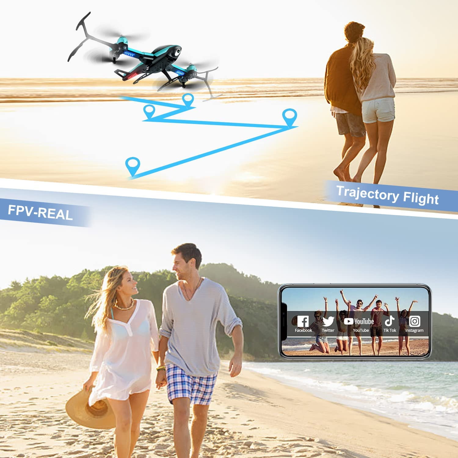4DRC Blue Foldable HD Camera Drone with 2 Batteries