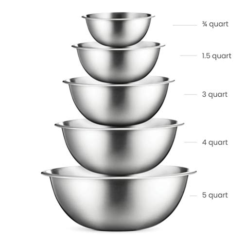 Stainless-Steel Mixing Bowls - (Set of 5) Brushed Stainless-Steel Mixing Bowl Set - Easy To Clean, Nesting Bowls for Space-Saving Storage, Great for Cooking, Baking, Prepping