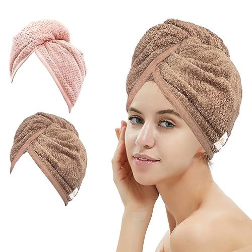 M-bestl 2 Pack Hair Drying Towels, Hair Wrap Towels, Super Absorbent Microfiber Hair Towel Turban with Button Design to Dry Hair Quickly(Coffee& Pink)