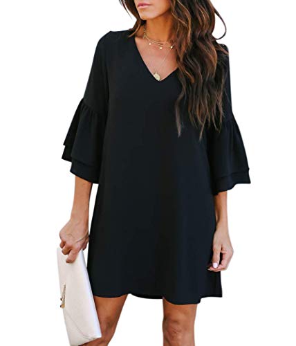 BELONGSCI Women's Dress Sweet & Cute V-Neck Bell Sleeve Shift Dress Mini Dress Black
