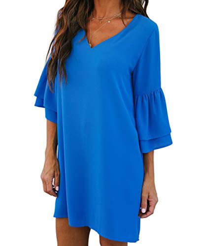 BELONGSCI Women's Dress Sweet & Cute V-Neck Bell Sleeve Shift Dress Mini Dress Blue