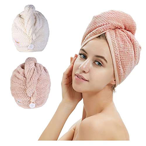 2 Pack Hair Towel Wrap,Hair Drying Towel with Button, Microfiber Hair Towel, Dry Hair Hat, Bath Hair Cap (Pink&Beige)