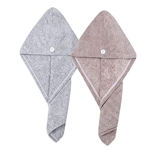 2 Pack Hair Towel Wrap,Rapid Hair Drying Towel with Buttons, Bamboo Hair Towel for Drying Your Hair More Quicker (Star Gray&Star Pink)