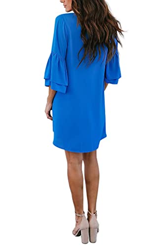 BELONGSCI Women's Dress Sweet & Cute V-Neck Bell Sleeve Shift Dress Mini Dress Blue