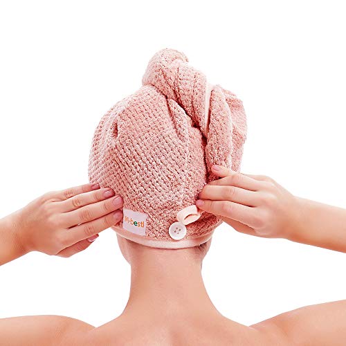 M-bestl 2 Pack Hair Drying Towels, Hair Wrap Towels, Super Absorbent Microfiber Hair Towel Turban with Button Design to Dry Hair Quickly(Coffee& Pink)