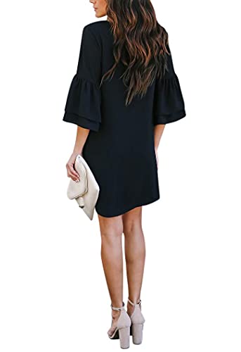 BELONGSCI Women's Dress Sweet & Cute V-Neck Bell Sleeve Shift Dress Mini Dress Black