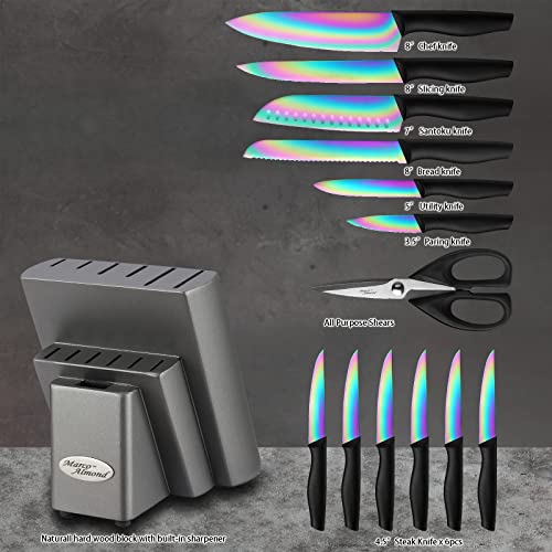 DISHWASHER SAFE KYA 25 Rainbow Titanium Knife Block Set, kitchen Knives Set with Block, Kitchen Scissor, Cutlery Knives Set, Best Gift (14-Piece, Rainbow Titanium/Black)