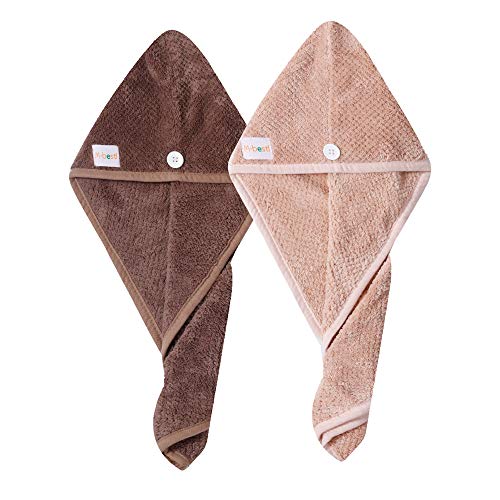 M-bestl 2 Pack Hair Drying Towels, Hair Wrap Towels, Super Absorbent Microfiber Hair Towel Turban with Button Design to Dry Hair Quickly(Coffee& Pink)