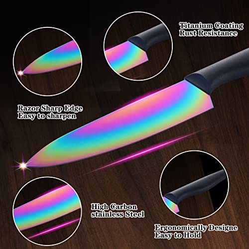 DISHWASHER SAFE KYA 25 Rainbow Titanium Knife Block Set, kitchen Knives Set with Block, Kitchen Scissor, Cutlery Knives Set, Best Gift (14-Piece, Rainbow Titanium/Black)
