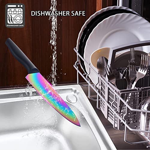 DISHWASHER SAFE KYA 25 Rainbow Titanium Knife Block Set, kitchen Knives Set with Block, Kitchen Scissor, Cutlery Knives Set, Best Gift (14-Piece, Rainbow Titanium/Black)