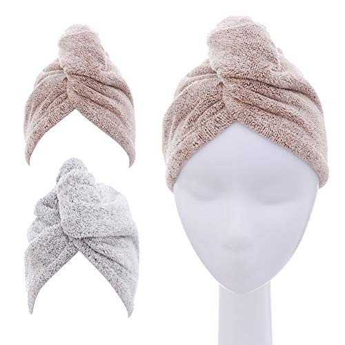 2 Pack Hair Towel Wrap,Rapid Hair Drying Towel with Buttons, Bamboo Hair Towel for Drying Your Hair More Quicker (Star Gray&Star Pink)