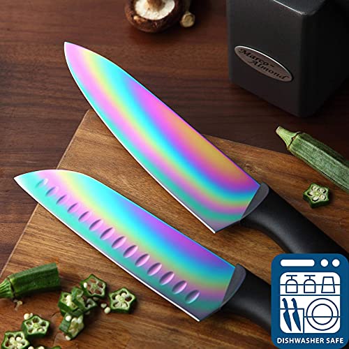 DISHWASHER SAFE KYA 25 Rainbow Titanium Knife Block Set, kitchen Knives Set with Block, Kitchen Scissor, Cutlery Knives Set, Best Gift (14-Piece, Rainbow Titanium/Black)