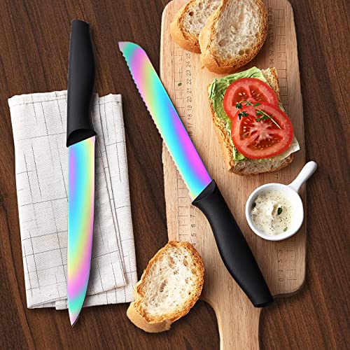 DISHWASHER SAFE KYA 25 Rainbow Titanium Knife Block Set, kitchen Knives Set with Block, Kitchen Scissor, Cutlery Knives Set, Best Gift (14-Piece, Rainbow Titanium/Black)