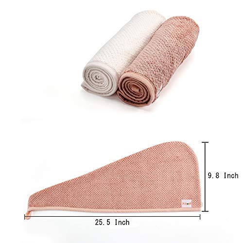 2 Pack Hair Towel Wrap,Hair Drying Towel with Button, Microfiber Hair Towel, Dry Hair Hat, Bath Hair Cap (Pink&Beige)