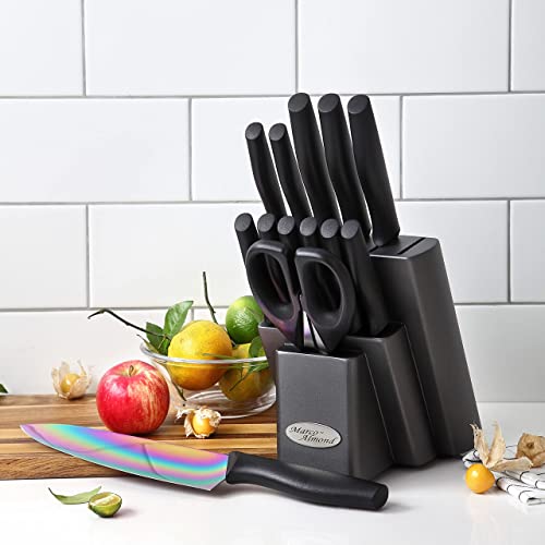 DISHWASHER SAFE KYA 25 Rainbow Titanium Knife Block Set, kitchen Knives Set with Block, Kitchen Scissor, Cutlery Knives Set, Best Gift (14-Piece, Rainbow Titanium/Black)