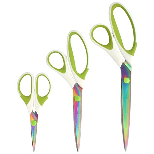 BambooMN Super Sharp Titanium Softgrip Scissors Set for Sewing, Arts, Crafts, Office - 1 Set of 3 - White w/Green Inlays