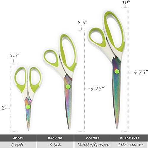 BambooMN Super Sharp Titanium Softgrip Scissors Set for Sewing, Arts, Crafts, Office - 1 Set of 3 - White w/Green Inlays