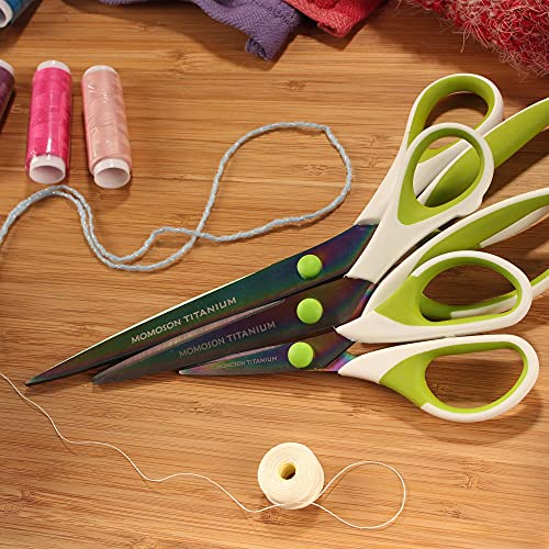BambooMN Super Sharp Titanium Softgrip Scissors Set for Sewing, Arts, Crafts, Office - 1 Set of 3 - White w/Green Inlays