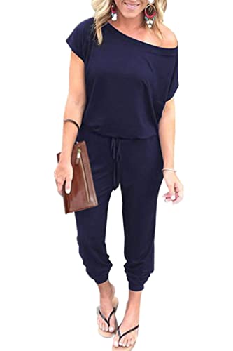 Women's Off Shoulder Long Romper Jumpsuit - Navy