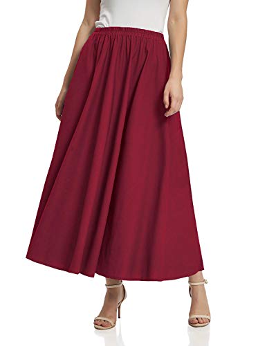 Soojun Women's Solid Cotton Linen Retro Vintage A-line Long Flowy Skirts, Wine Red, Small Petite