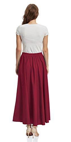 Soojun Women's Solid Cotton Linen Retro Vintage A-line Long Flowy Skirts, Wine Red, Small Petite