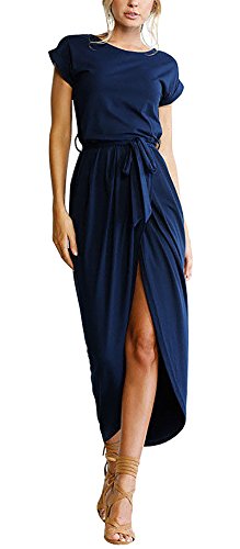 Yidarton Women's Casual Short Sleeve Slit Solid Party Summer Long Maxi Dress