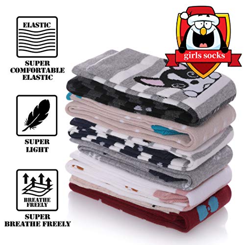 FNOVCO Girls Knee High Socks Cartoon Animal Patterns Cotton Over Calf Socks (6 Pairs Dog)