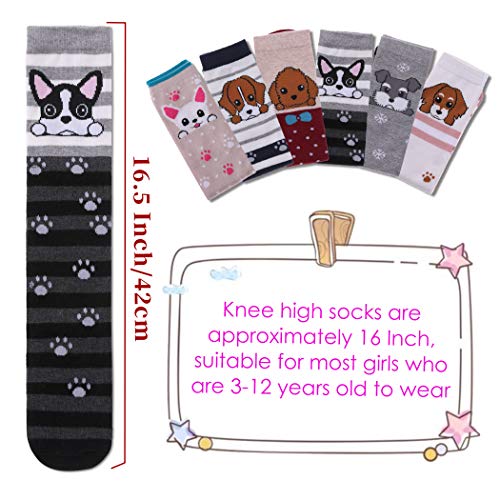 FNOVCO Girls Knee High Socks Cartoon Animal Patterns Cotton Over Calf Socks (6 Pairs Dog)