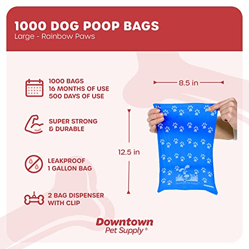 Downtown Pet Supply Dog Pet Waste Poop Bags with 2 Leash Clips and Dispensers (1000 Bags, Rainbow with Paw Prints)