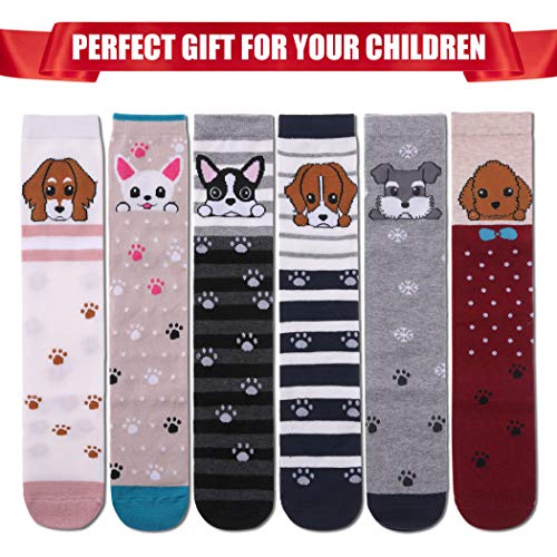 FNOVCO Girls Knee High Socks Cartoon Animal Patterns Cotton Over Calf Socks (6 Pairs Dog)