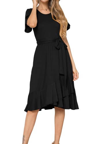 Black Ruffle Flowy Midi Dress with Belt
