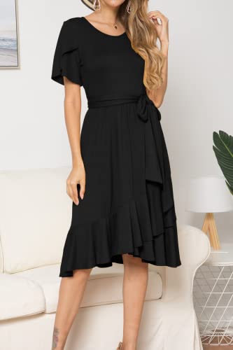 Black Ruffle Flowy Midi Dress with Belt