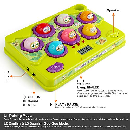 BAODLON Interactive Pound A Mole Game, Toddler Toys, Light-Up Musical Pounding Toy, Early Developmental Toy, Fun Gift for Age 2,3, 4, 5 Years Old Kids, Boys, Girls, 2 Soft Hammers Included