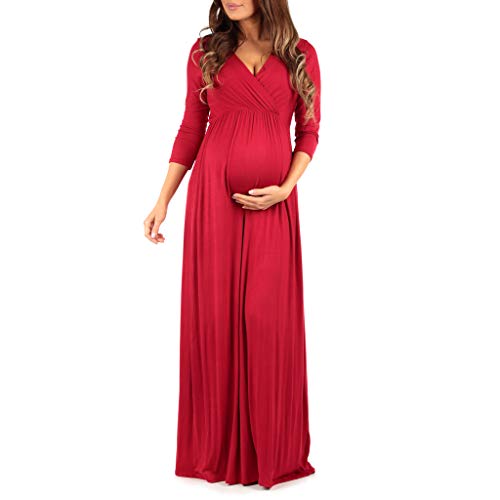Maternity V-Neck Ruched Waist Dress - Red