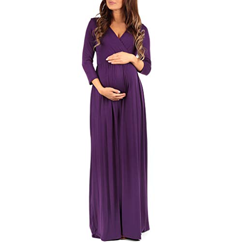 Maternity V-Neck Dress with Ruched Waist - Eggplant