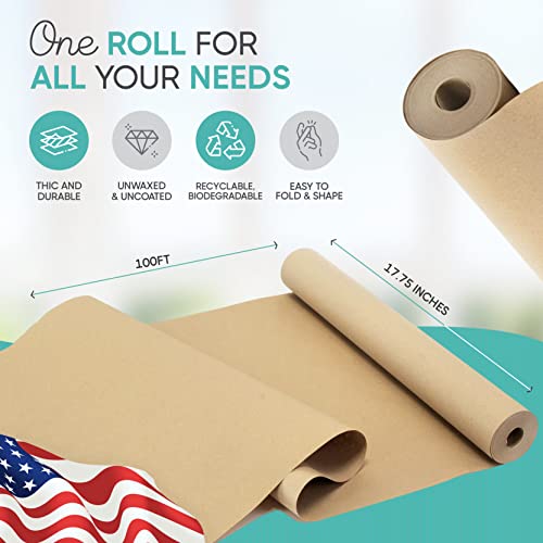 Made in USA Brown Kraft Paper Jumbo Roll 17.75? x 1200? (100ft) Ideal for Gift Wrapping, Art, Craft, Postal, Packing, Shipping, Floor Covering, Dunnage, Parcel, Table Runner 100% Recycled Material