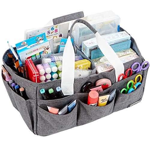 HOMEST Craft Organizer Tote Bag with Multiple Pockets, Storage Art Caddy for Scrapbooking, Crafts Supply Carrier for Tools, Grey
