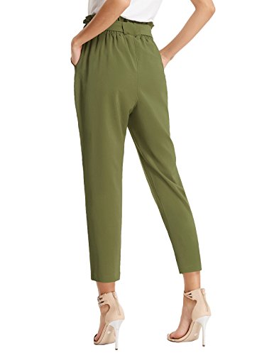 Women's Simple Solid Ruffle Tie Waist Pants with Pockets M Army Green