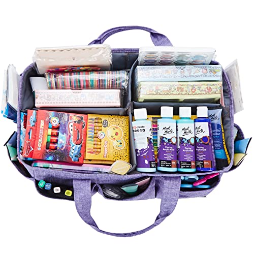 HOMEST Craft Organizer Tote Bag with Multiple Pockets, Storage Art Caddy for Scrapbooking, Crafts Supply Carrier for Tools, Purple