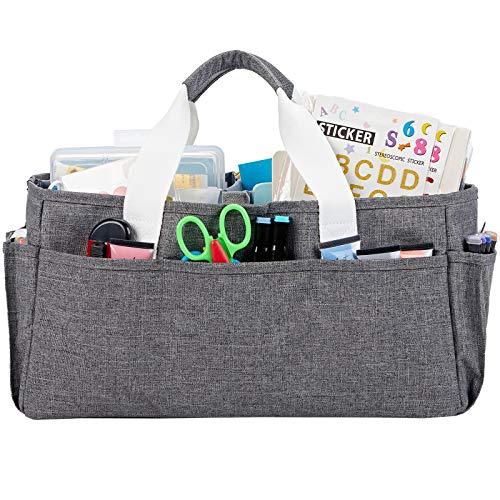 HOMEST Craft Organizer Tote Bag with Multiple Pockets, Storage Art Caddy for Scrapbooking, Crafts Supply Carrier for Tools, Grey