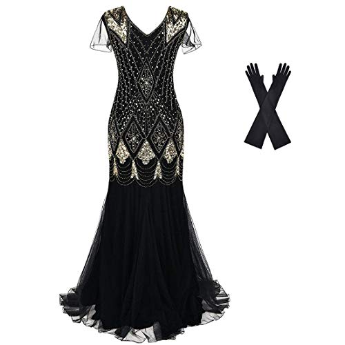 Plus Size Black Gold Flapper Dress with Long Gloves