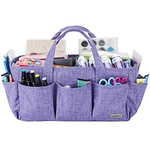HOMEST Craft Organizer Tote Bag with Multiple Pockets, Storage Art Caddy for Scrapbooking, Crafts Supply Carrier for Tools, Purple