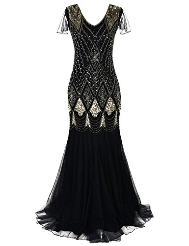 Plus Size Black Gold Flapper Dress with Long Gloves