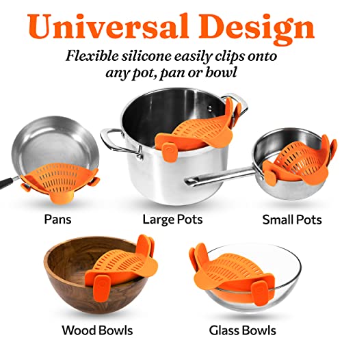 Kitchen Gizmo Snap N Strain Strainer - Orange | Patented Clip On Silicone Colander | Fits all Pots and Bowls
