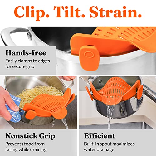 Kitchen Gizmo Snap N Strain Strainer - Orange | Patented Clip On Silicone Colander | Fits all Pots and Bowls