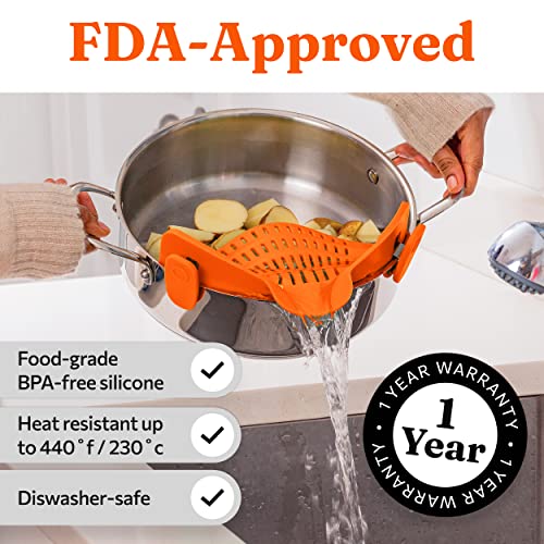 Kitchen Gizmo Snap N Strain Strainer - Orange | Patented Clip On Silicone Colander | Fits all Pots and Bowls